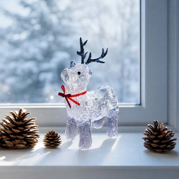 Christmas Lighted Acrylic Reindeer Figurine, LED Clear Glitter Deer Statue With Red Bow, Mini Tabletop Winter Holiday Decor Ornament For Xmas Home Shelf, 4.3x2.2x5.9 Inches