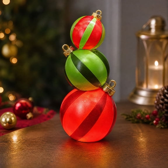 Christmas Lighted Ball Figurine, Resin 3 Piece LED Stacked Ornament, Christmas Decorations Indoor Outdoor Decor for Mantel Shelf Window