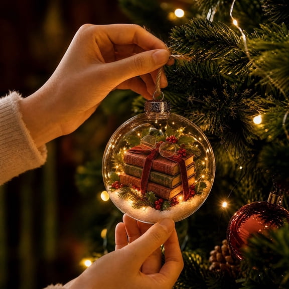 Christmas Lighted Book Stack Ball Ornament, 3D Reading Theme Hanging Decor for Tree, Mantel, Shelf and Holiday Display