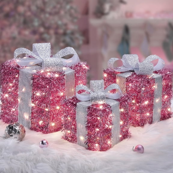 Aship Christmas Lighted Gift Boxes, Set of 3 Pink Light Up Present Boxes with 140 Warm White LEDs, 8 Lighting Modes & Timer, Plug-In Christmas Decorations for Holiday Party Xmas Tree Porch Home