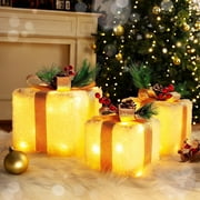 Quntis Christmas Lighted Gift Boxes, Set of 3 Lighted UP Gift Boxes with 8 Modes & Timer, Champagne Gold for Indoor Outdoor Tree, Home Holiday Decor