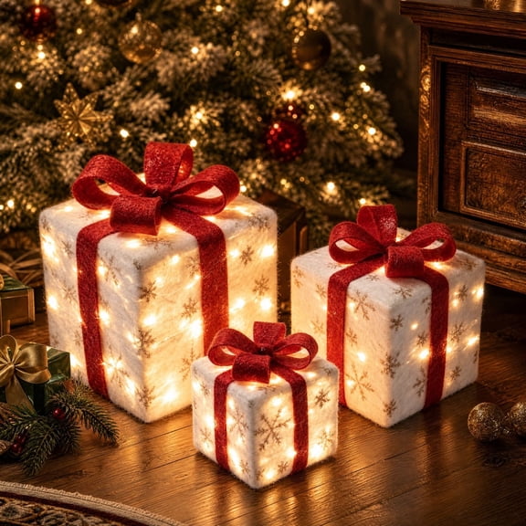 Christmas Lighted Boxes Remote Control 3Set LED Decor Outdoor Yard, Warm White Glowing Gift Box Ornaments with Remote for Patio Garden, Battery Operated Stackable Present Display for Christmas Party