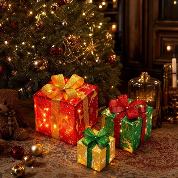 Christmas Lighted Boxes Remote Control 3Set LED Decor Outdoor Yard, Warm White Glowing Gift Box Ornaments with Remote for Patio Garden, Battery Operated Stackable Present Display for Christmas Party