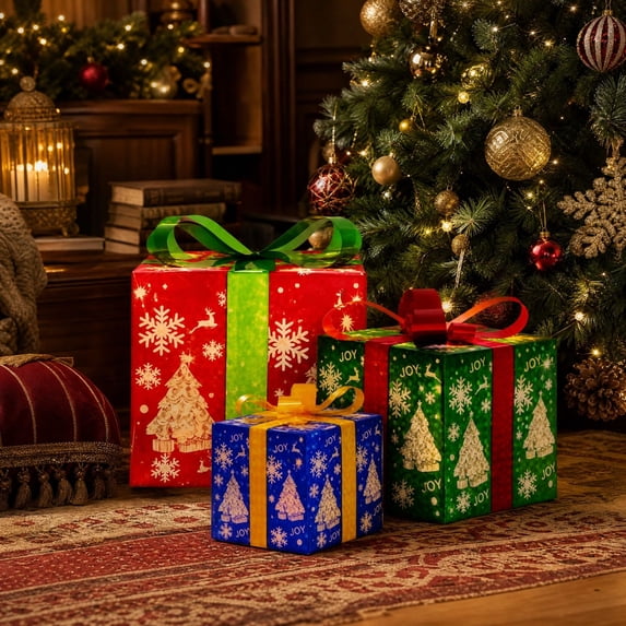 Led Remont Christmas Lighted Boxes Remote Control Set of 3 LED Light Up Outdoor ...