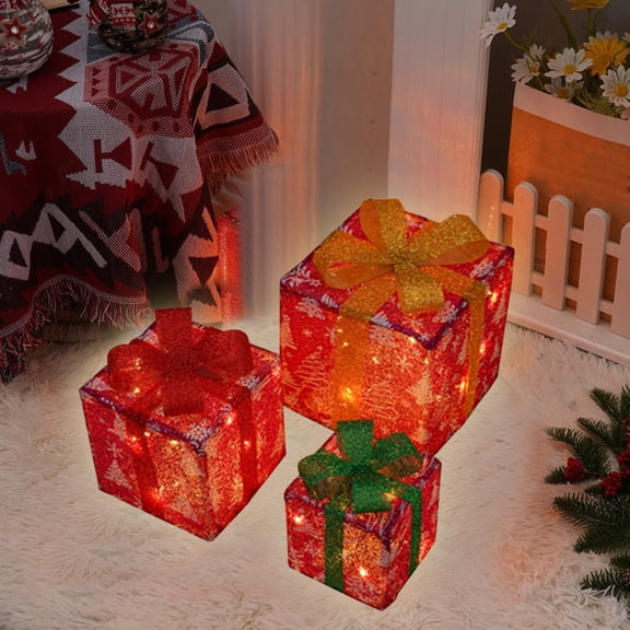 Christmas Decorations Outdoor, Christmas Lighted Boxes Remote Control, Set of 3 LED Up Decor Outdoor, LED Christmas Boxes Present Decorations Outdoor Yard