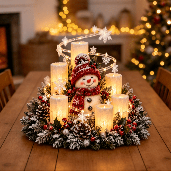 Christmas Lighted Centerpiece, Farmhouse Christmas Decor with Flameless Candle Glow, Christmas Decorations Indoor Resin Character Statues for Mantel Decor (Snowman)