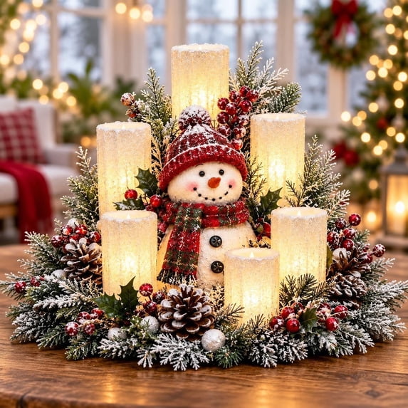 Christmas Lighted Centerpiece With Flameless Candle Glow Christmas Centerpieces For Tables Flameless Candles Candle Centerpieces For Tables Indoor Ornament For Mantel Dining Table Xmas Decor,Snowman