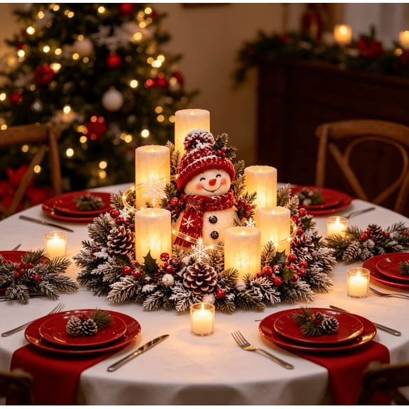 Christmas Lighted Centerpiece with Flameless Candle Glow, Cute Snowman Table Centerpiece, Pre-lit Foliage Arrangement, Cozy Winter Indoor Tabletop Ornament