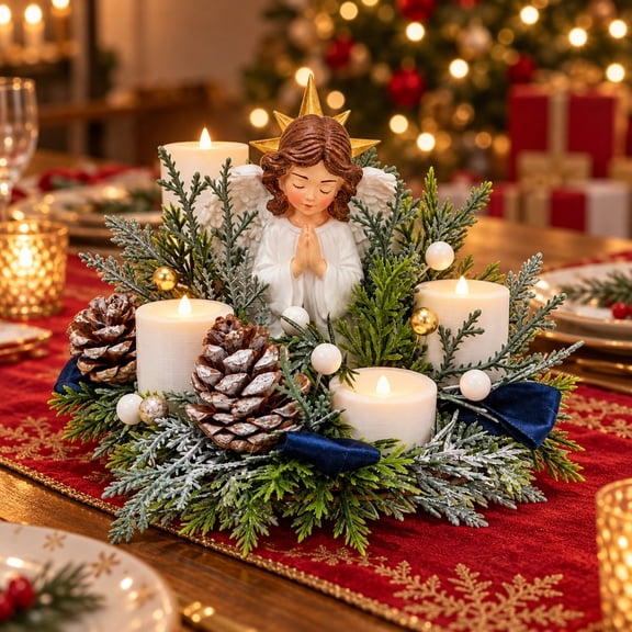 Christmas Lighted Centerpiece with Flameless Candle Glow, Resin Holiday Table Decor with Frosted Greenery & Red Berries, Fireplace Mantel, Entryway Console Home Christmas Decoration (Angel B)