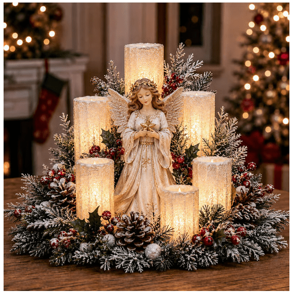 Christmas Lighted Centerpiece with Flameless Candle Glow, Resin Tabletop Holiday Decor with Greenery Red Berries and Pinecones for Indoor Christmas Home Decoration and Gift
