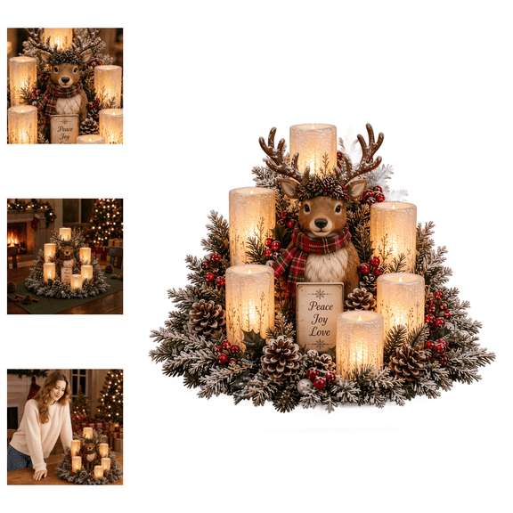 Christmas Lighted Centerpiece, Frosted Pine and Berry Flameless Candle Display, Farmhouse Christmas Decor, Christmas Decorations Indoor, Resin Tabletop Ornament for Dining Table & Fireplace-F
