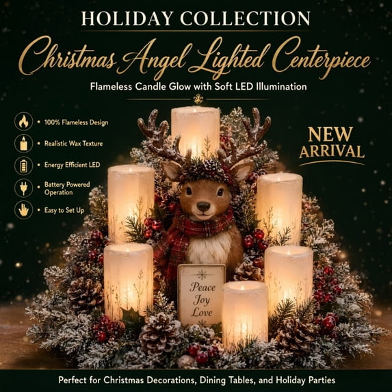 Christmas Lighted Centerpiece with Flameless Candle Glow, LED Lighted Centerpiece for Holiday Table Topper and Mantel Decor
