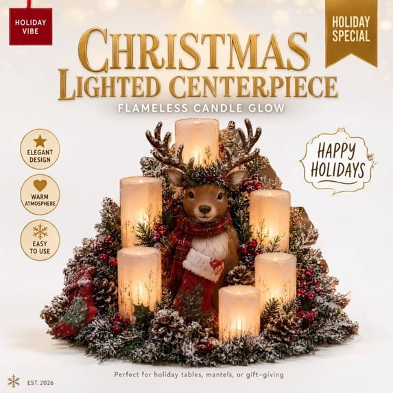 Christmas Lighted Centerpiece with Flameless Candle Glow, Enchanting Christmas Candle Centerpiece for Holiday Table Topper and Mantel Display