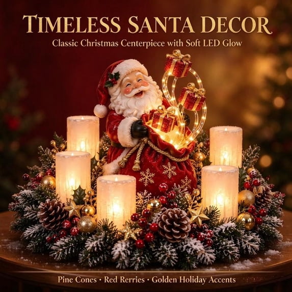 Christmas Lighted Centerpiece with Flameless Candle Glow, Festive Mantel Decor Centerpiece with Frosted Greenery for Holiday Table Display