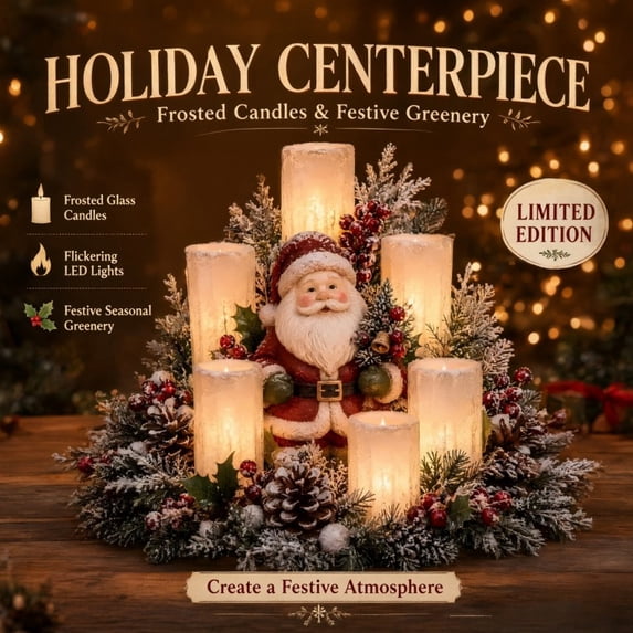 Christmas Lighted Centerpiece with Flameless Candle Glow, Light Up Santa Table Decoration, Outdoor Solar Lights for Yard with Pine Branches