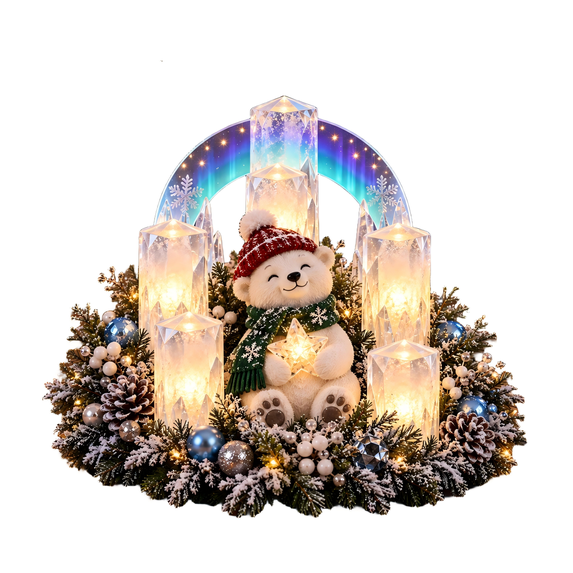 Christmas Lighted Centerpiece with Flameless Candle Glow, Indoor Solar Lights for Yard Gradient Blue Purple Arch with Embedded Snowflake Motif