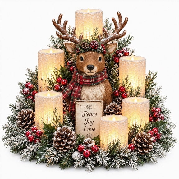 Christmas Lighted Centerpiece with Flameless Candle Glow, Reindeer Table Decor with LED Candles, Frosted Greenery and Winter Christmas Accents