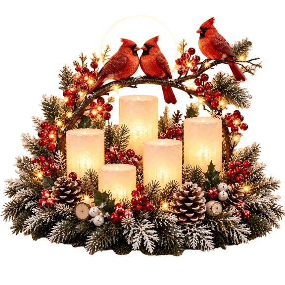 Christmas Lighted Centerpiece with Flameless Candle Glow, Solar Christmas Lights Outdoor, Flameless Archway Centerpiece with Frosted Glass Cylinders