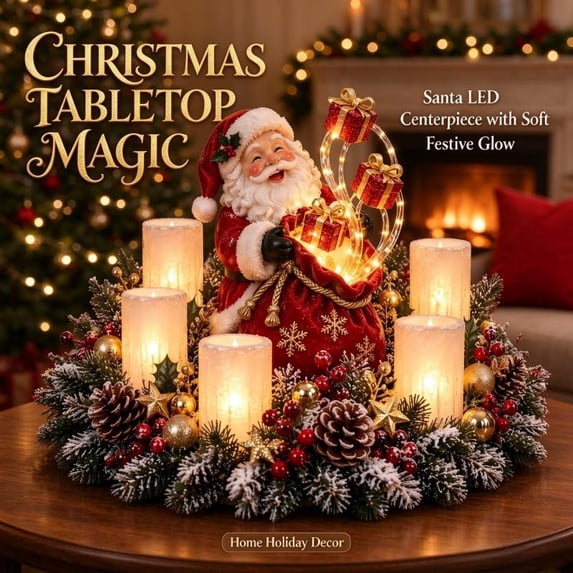 Christmas Lighted Centerpiece with Flameless Candle Glow, Pre-Lit Festive Centerpiece with LED String Lights for Holiday Table Display