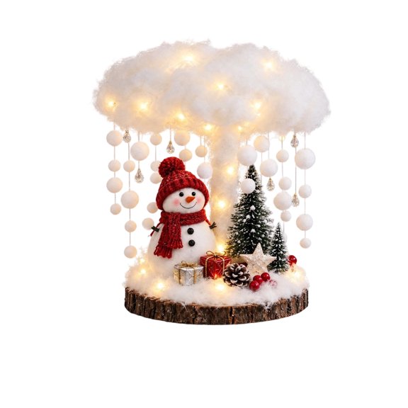Christmas Lighted Cloud Umbrella Tabletop Ornament, LED Winter Snow Scene Decor, Gnome & Snowman Christmas Desktop Centerpiece for Holiday Home Mantel Decor