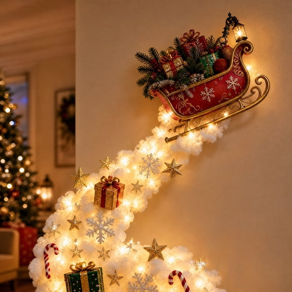 Christmas Lighted Elf Sleigh Wall Hanging Decor, 24 Inch Flying Elf Glowing Cloud Garland Light, Christmas Holiday Indoor Mantel Home Room Gifts