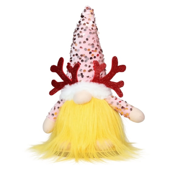 Christmas Lighted Faceless Gnome Figurine with Sequin Hat and Antler Detail Plush Holiday Tabletop Shelf Window Decor