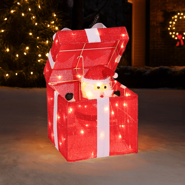 Christmas Lighted Gift Box Decoration, 60 Warm White LED Lights, Weather-Resistant Metal & Waterproof Fabric, Easy Setup for Home, Yard, Patio