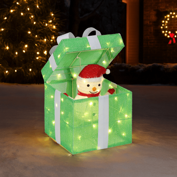 Christmas Lighted Gift Box Decoration, 60 Warm White LED Lights, Weather-Resistant Metal & Waterproof Fabric, Easy Setup for Home, Yard, Patio