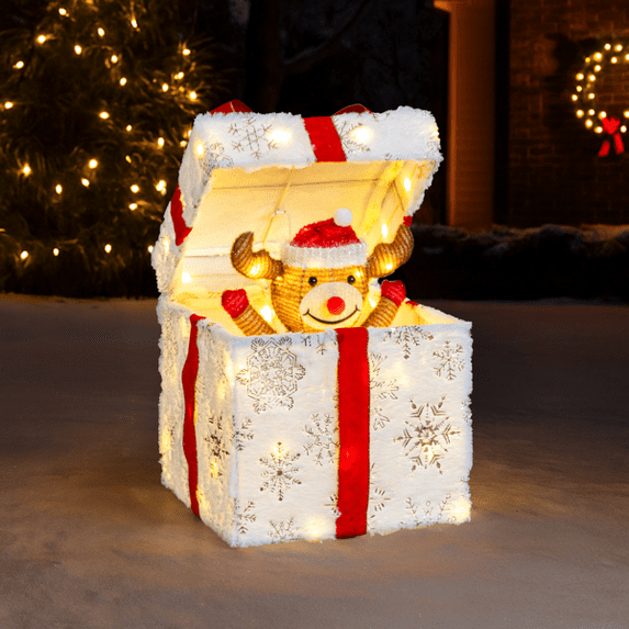 Christmas Lighted Gift Box Decoration, 60 Warm White LED Lights, Weather-Resistant Metal & Waterproof Fabric, Easy Setup for Home, Yard, Patio