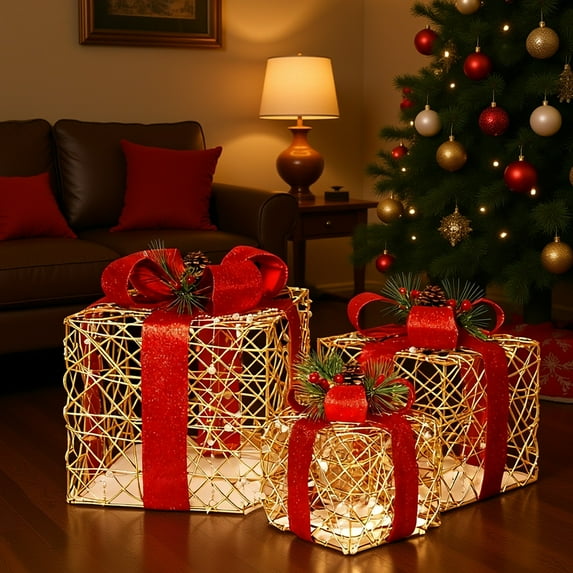 Christmas Lighted Gift Box Set with LED Lights, Battery Operated Holiday Decorations for Indoor and Outdoor, Tabletop, Porch, Yard, and Festive Display