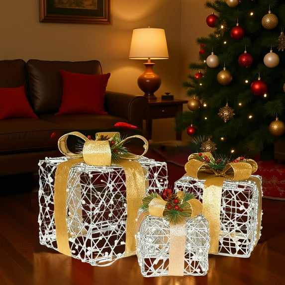 Christmas Lighted Gift Box Set with LED Lights, Battery Operated Holiday Decorations for Indoor and Outdoor, Tabletop, Porch, Yard, and Festive Display