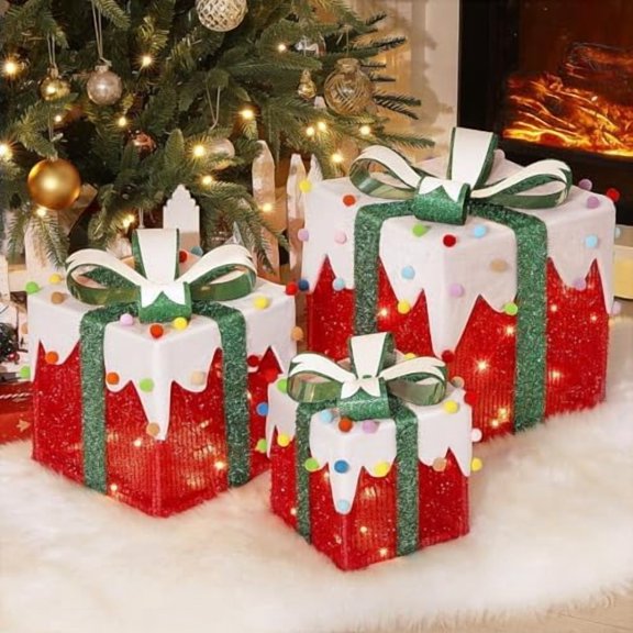 Christmas Lighted Gift Boxes, 3 PCS Outdoor Indoor Christmas Decorations with Remote Control, USB Plug in Present Decoration, Xmas Holiday Decor for Home Porch Lawn, Red$$Garden & Patio