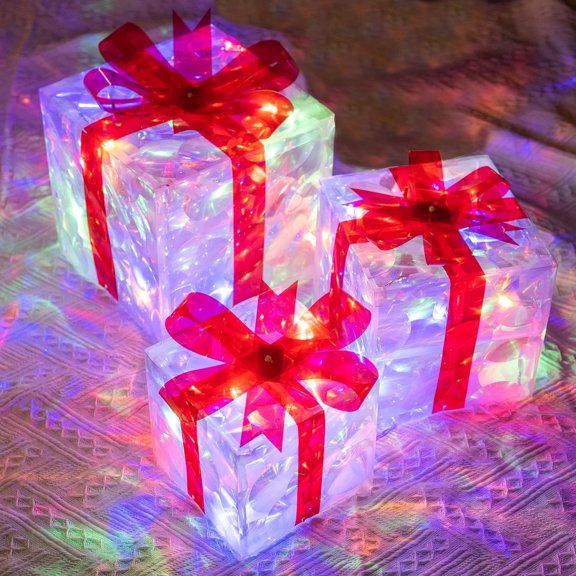 Christmas Lighted Gift Boxes,60 LED Light Up Present Boxes Christmas Outdoor Decorations,Artificial Xmas Present Boxes with Lights Battery Powered Christmas Tinsel Boxes Ornaments Xmas Tree Decors