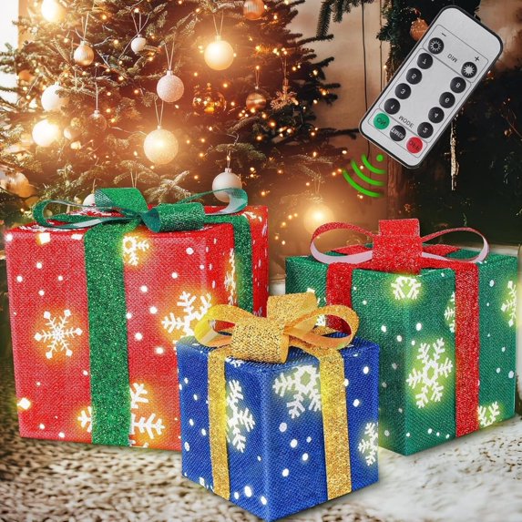 Set of 3 Christmas Lighted Gift Boxes with 60 LED Warm White Mini String Lights Indoor Outdoor Christmas Decorations Present Boxes with Silver Tinsel for Indoor Christmas Home Yard Lawn Decor