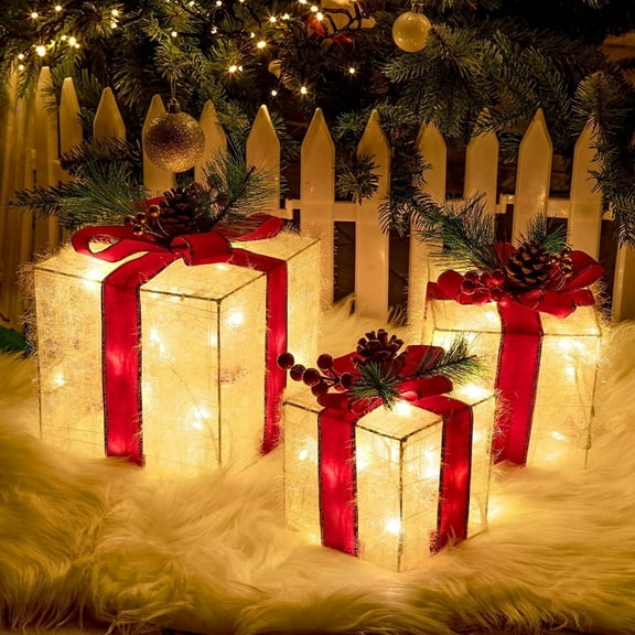 Christmas Lighted Gift Boxes, 8 Modes & Timing Function Set of 3 Plug-in Light up Present Boxes with 60 LEDs Christmas Decorations Indoor Home Decor Christmas Ornaments for Holiday Party Xmas