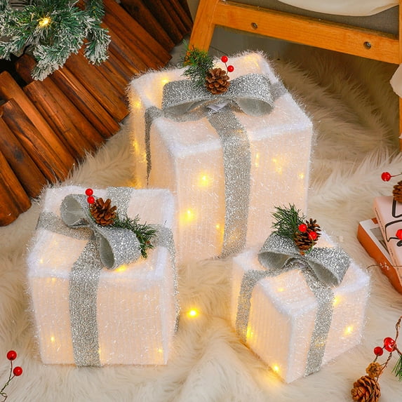 Christmas Lighted Gift Boxes Christmas Decoration, Foldable 3PCS Present Ornament Boxes with Pre-lit LED Mini Bulb, 12in 10in 8in Light Up Gift Box for Indoor Outdoor Xmas Tree Party Holiday Decor