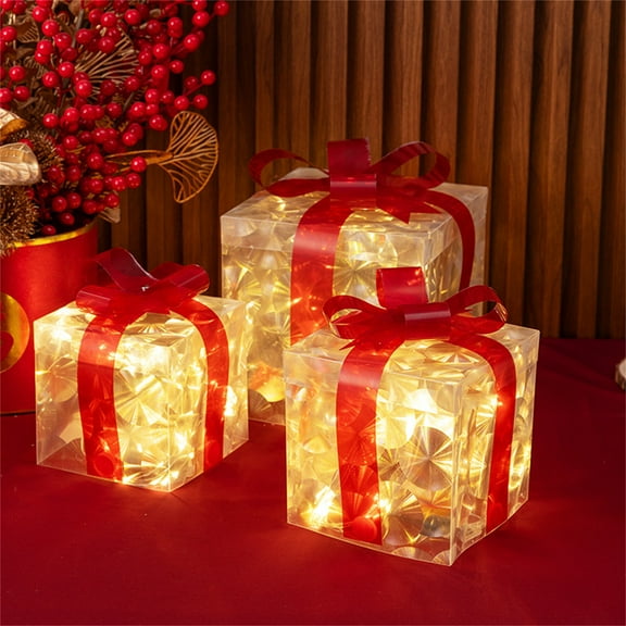 Christmas Lighted Gift Boxes,Clear Christmas Box Decrations,Transparent Warm Lighted Presents Boxes with Red Bows for Xmas Tree,Christams,Wedding Decorations,Set of 3,Battery not Included