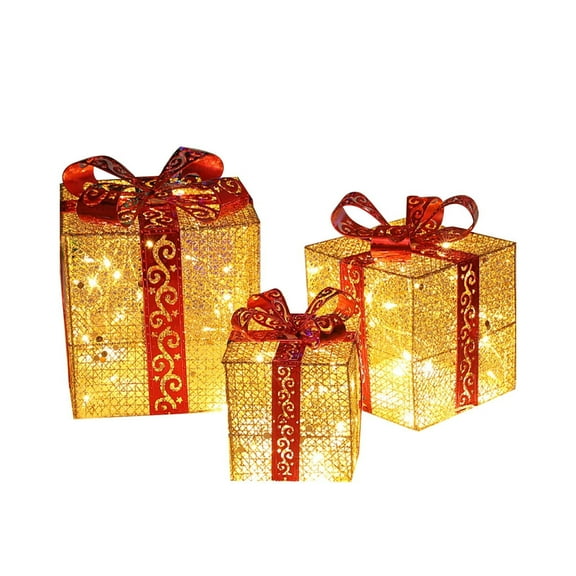 Christmas Lighted Gift Boxes Decorations, Pre-lit Tinsel Present Box with Bowknot(6C), Light Up Xmas Tree Skirt Ornament, Indoor Outdoor Plug in for Home Holiday Party