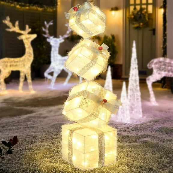 Christmas Lighted Gift Boxes Decorations Set of 4, 2.8Ft Stackable Christmas Nesting Boxes Battery Operated for Home and Party Decoration (8"-6"-5"-4", Red Bow)