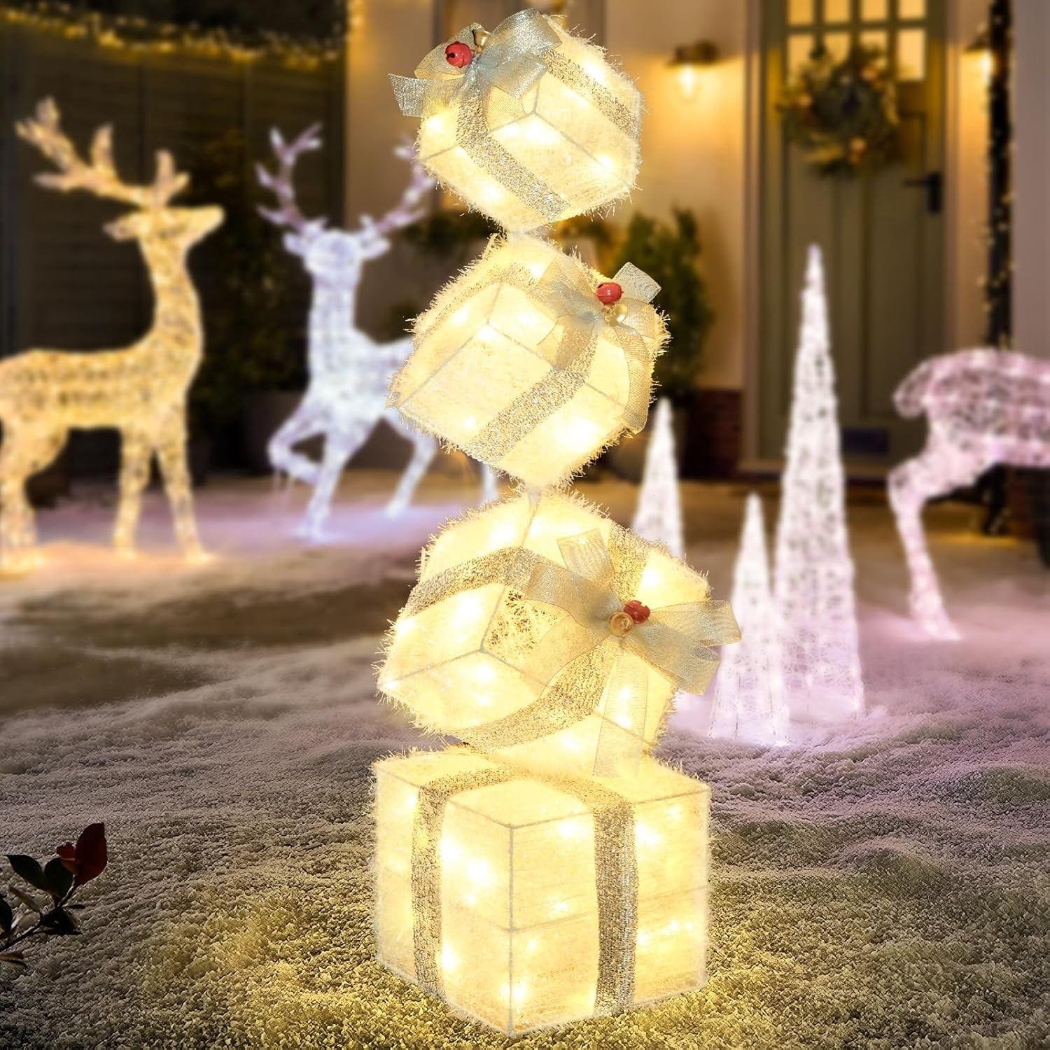 Christmas Lighted Gift Boxes Decorations Set of 4, 2.8Ft Stackable