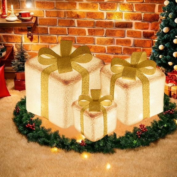 Christmas Lighted Gift Boxes Pre-lit 60 LED Lights Indoor Outdoor Christmas Decorations Light up Present Boxes Set Battery Operated with Different Sizes for Indoor Christmas Home Yard Lawn Decor