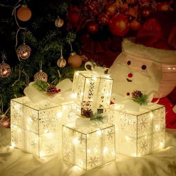 Christmas Lighted Gift Boxes, Pre-lit Present Boxes Set of 3 with Different Sizes, Battery Operated Snowflake Light up Decorations for Holiday Indoor Outdoor (4 Pack)
