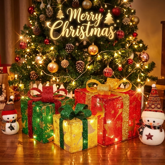 Christmas Lighted Gift Boxes Set of 3, 50 LED Battery Operated Light Up Present Boxes with 8 Modes & Timer, Waterproof Indoor Outdoor Xmas Tree Porch Yard Decor