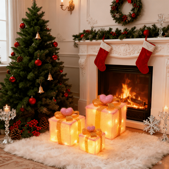 Christmas Lighted Gift Boxes Set of 3,Different Sizes Light Up Pink Present Box Ornament with Bowknot,Pre lit Presents Christmas Boxes for Indoor Outdoor Holiday Xmas Decorations