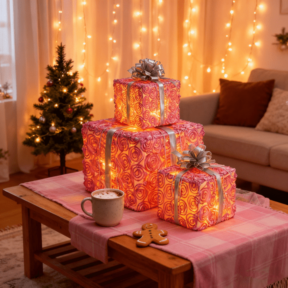 Christmas Lighted Gift Boxes Set of 3,Different Sizes Light Up Pink Rose Present Box Ornament with Bowknot,Pre lit Presents Christmas Boxes for Indoor Outdoor Holiday Xmas Decorations