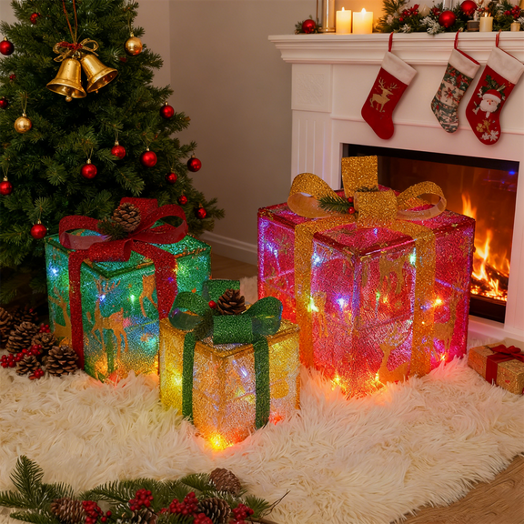 Christmas Lighted Gift Boxes Set of 3,Different Sizes Light Up Present Box Ornament with Bowknot,8 Modes Timer Remote Pre lit Presents Christmas Boxes for Indoor Outdoor Holiday Xmas Decorations