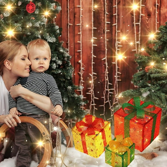 Christmas Lighted Gift Boxes: Set of 3 Light Up Presents Christmas Decoration for Indoor Xmas Tree Outdoor Yard Holiday, Battery Operated Gift Boxes with Pre-lit Warm White Lights(Multicolor)