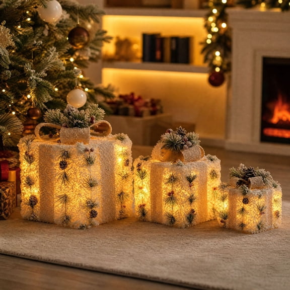 Christmas Lighted Gift Boxes Set of 3 Lit Decor, Snow Flocked Present Boxes with Berry Bow for Xmas Tree, Warm White LED Indoor Holiday Decoration, Great Gift
