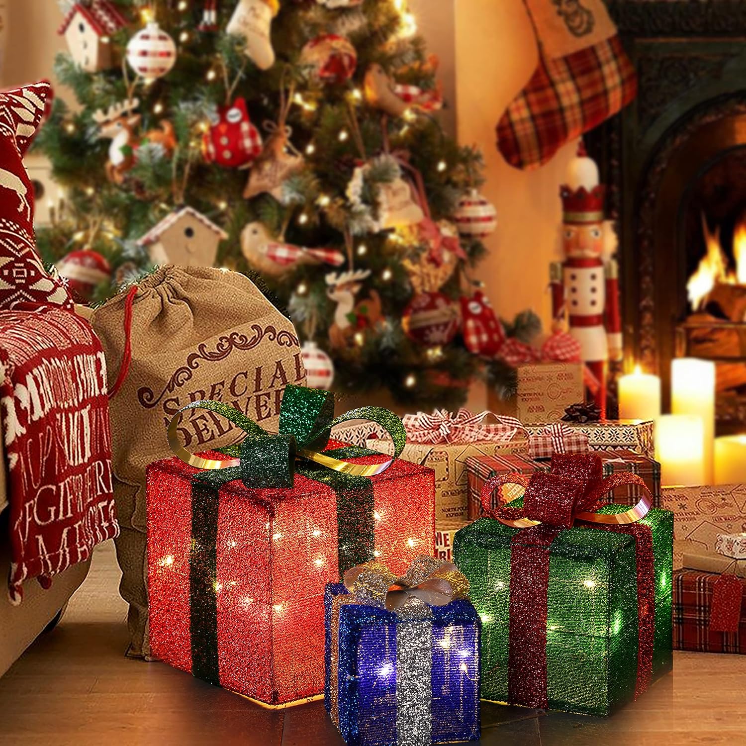 Christmas Lighted Gift Boxes, Set Of 3 Decorative Gift Boxes, Christmas