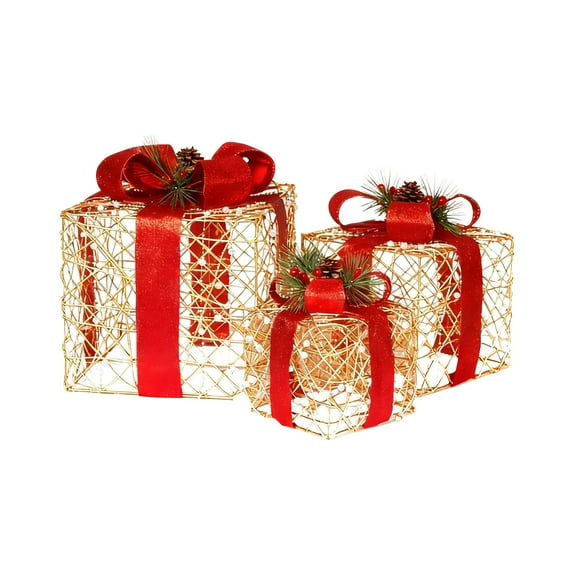 Christmas Lighted Gift Boxes Set of 3 – Battery Operated LED Present Boxes with Red Ribbon Bow, Indoor Outdoor Holiday Decoration